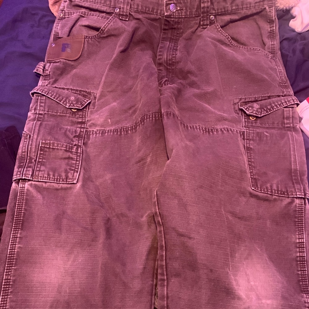 Wrangler brown double knee size 36x34 has wear on the knees but great pants